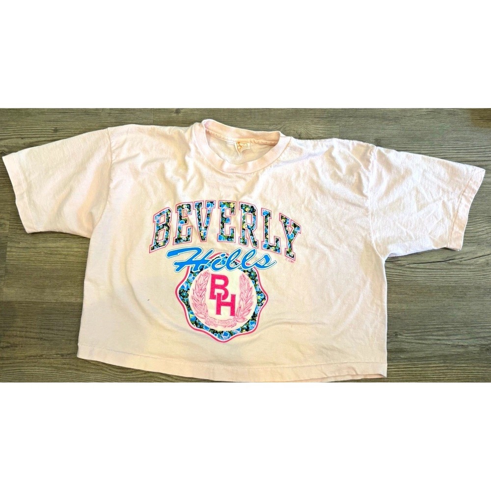 Vintage Beverly Hills Crop Top T-Shirt One Size Pink Floral Single Stitch 80 90s